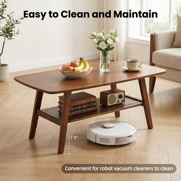 English Elm Mid Century Modern Solid Oak Two Tier Coffee Table with Open Shelf for Living Room Walnut W3204P469105