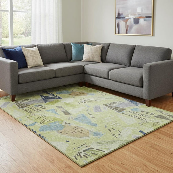 HomeRoots 8' Vibrant Artichoke Green & Blue Geometric Washable Area Rug - UV Protected, Durable & Stylish 694500