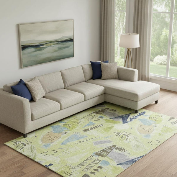 HomeRoots 9' Geometric Washable Area Rug in Artichoke Green & Blue - Durable, Stain-Resistant & UV Protected! 694501