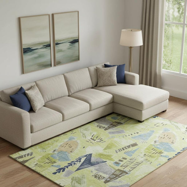 HomeRoots 10' X 14' Artichoke Green Geometric Area Rug - Washable, UV Protected, Perfect for Families & Pets! 694502