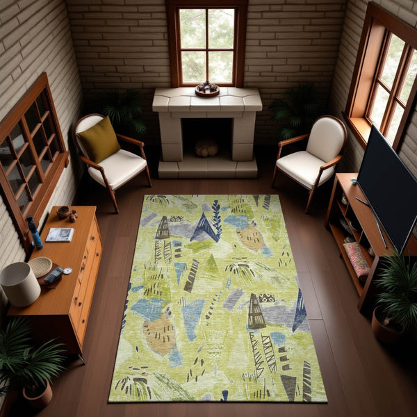 HomeRoots 10' X 14' Artichoke Green Geometric Area Rug - Washable, UV Protected, Perfect for Families & Pets! 694502