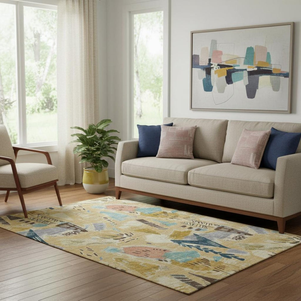 HomeRoots 5' Geometric Washable Area Rug in Gold, Blue & Ivory - Durable, UV Protected & Stain Resistant Design 694504
