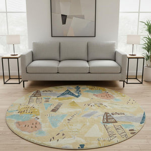 HomeRoots 8' X 8' Gold Blue Ivory Geometric Washable Round Rug - Durable, Stain Resistant & UV Protected Design! 694505