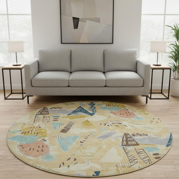 HomeRoots 8' X 8' Gold Blue Ivory Geometric Washable Round Rug - Durable, Stain Resistant & UV Protected Design! 694505