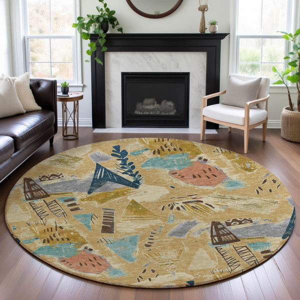 HomeRoots 8' X 8' Gold Blue Ivory Geometric Washable Round Rug - Durable, Stain Resistant & UV Protected Design! 694505