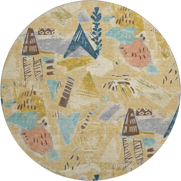 HomeRoots 8' X 8' Gold Blue Ivory Geometric Washable Round Rug - Durable, Stain Resistant & UV Protected Design! 694505