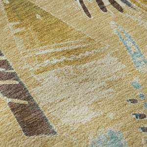 HomeRoots 8' X 8' Gold Blue Ivory Geometric Washable Round Rug - Durable, Stain Resistant & UV Protected Design! 694505