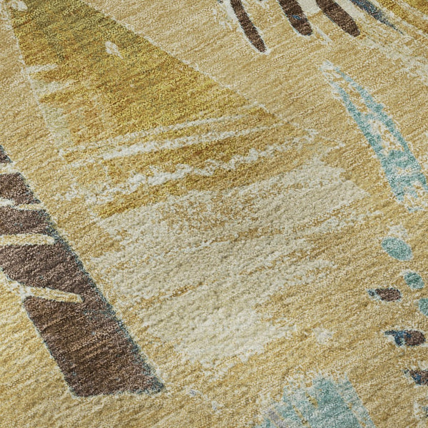 HomeRoots 8' X 8' Gold Blue Ivory Geometric Washable Round Rug - Durable, Stain Resistant & UV Protected Design! 694505