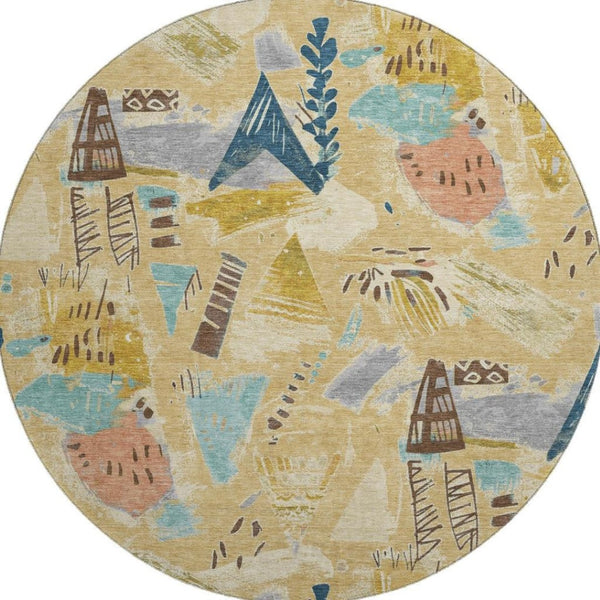 HomeRoots 8' X 8' Gold Blue Ivory Geometric Washable Round Rug - Durable, Stain Resistant & UV Protected Design! 694505