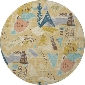 HomeRoots 8' X 8' Gold Blue Ivory Geometric Washable Round Rug - Durable, Stain Resistant & UV Protected Design! 694505
