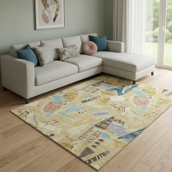 HomeRoots 8' Geometric Washable Area Rug in Gold, Blue & Ivory - UV Protected, Stain-Resistant Design for Homes 694506