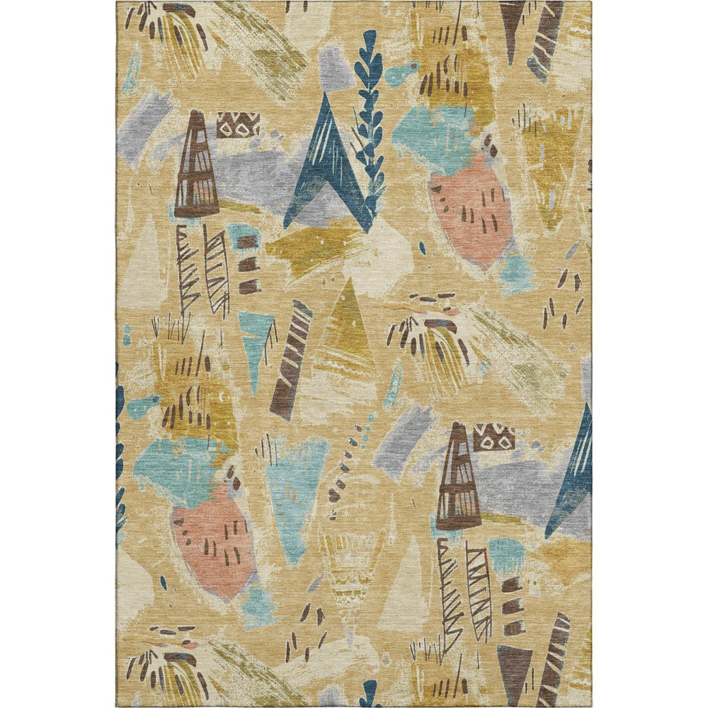 HomeRoots 9' X 12' Stylish Gold, Blue & Ivory Geometric Washable Area Rug with UV Protection for High-Traffic Rooms 694507