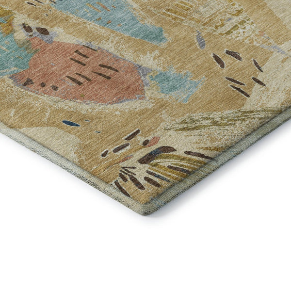 HomeRoots 9' X 12' Stylish Gold, Blue & Ivory Geometric Washable Area Rug with UV Protection for High-Traffic Rooms 694507