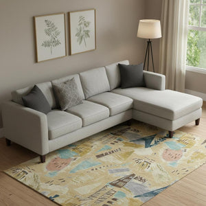 HomeRoots 10' X 14' Geometric Washable Area Rug in Gold, Blue, and Ivory - Durable, Stylish, UV Protected 694508