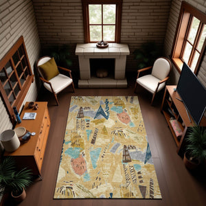 HomeRoots 10' X 14' Geometric Washable Area Rug in Gold, Blue, and Ivory - Durable, Stylish, UV Protected 694508