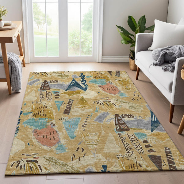 HomeRoots 10' X 14' Geometric Washable Area Rug in Gold, Blue, and Ivory - Durable, Stylish, UV Protected 694508