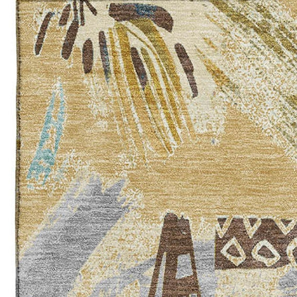 HomeRoots 10' X 14' Geometric Washable Area Rug in Gold, Blue, and Ivory - Durable, Stylish, UV Protected 694508