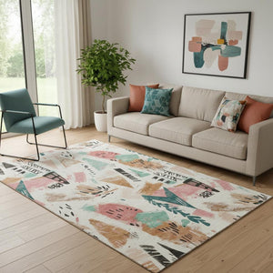 HomeRoots 5' X 8' Ivory, Black & Blush Geometric Area Rug - Washable, UV Protected & Perfect for High-Traffic Areas 694510