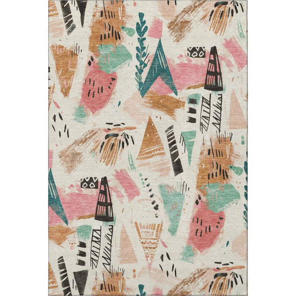 HomeRoots 5' X 8' Ivory, Black & Blush Geometric Area Rug - Washable, UV Protected & Perfect for High-Traffic Areas 694510
