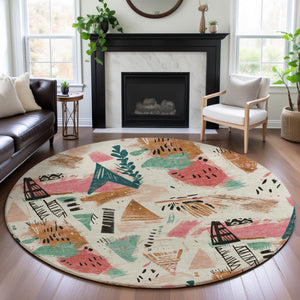 HomeRoots 8' X 8' Washable Ivory, Black & Blush Geometric Round Rug with UV Protection for Modern Spaces 694511