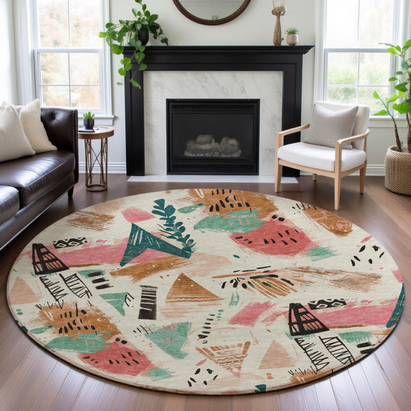 HomeRoots 8' X 8' Washable Ivory, Black & Blush Geometric Round Rug with UV Protection for Modern Spaces 694511