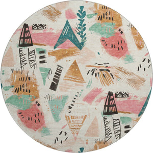 HomeRoots 8' X 8' Washable Ivory, Black & Blush Geometric Round Rug with UV Protection for Modern Spaces 694511