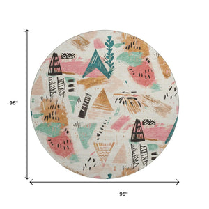 HomeRoots 8' X 8' Washable Ivory, Black & Blush Geometric Round Rug with UV Protection for Modern Spaces 694511