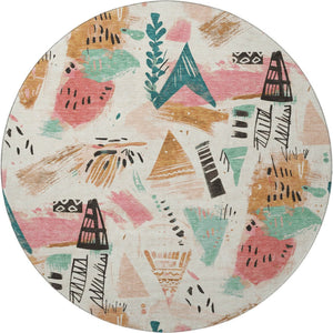 HomeRoots 8' X 8' Washable Ivory, Black & Blush Geometric Round Rug with UV Protection for Modern Spaces 694511