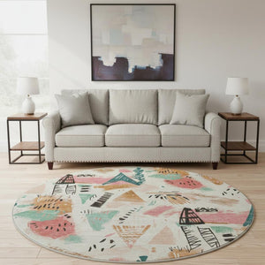 HomeRoots 8' X 8' Washable Ivory, Black & Blush Geometric Round Rug with UV Protection for Modern Spaces 694511