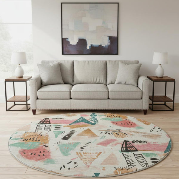 HomeRoots 8' X 8' Washable Ivory, Black & Blush Geometric Round Rug with UV Protection for Modern Spaces 694511