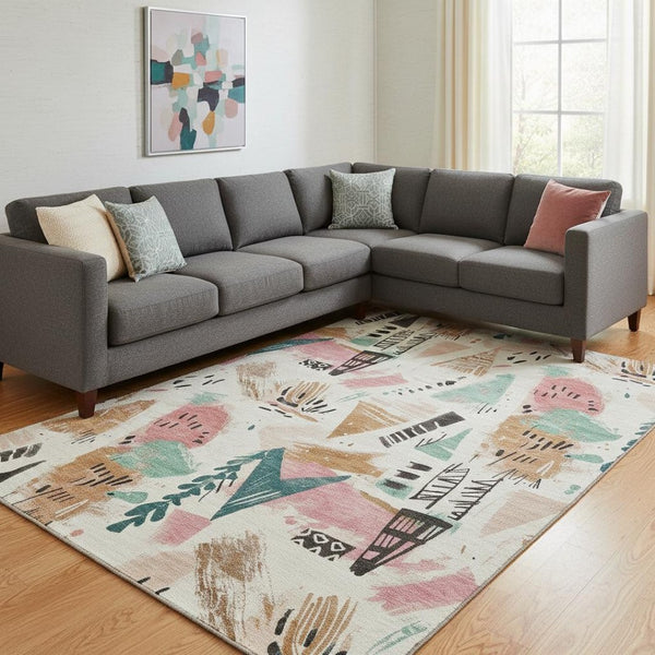 HomeRoots 8' Modern Ivory, Black & Blush Geometric Area Rug - Washable, UV Protected, Stain-Resistant Design 694512