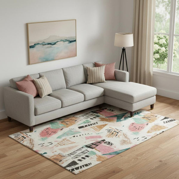HomeRoots 9' X 12' Washable Ivory Black Blush Geometric Area Rug with UV Protection for Stylish Homes 694513