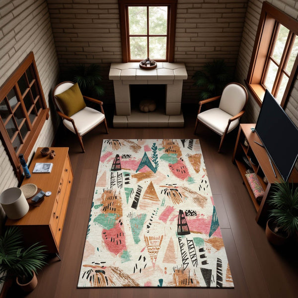 HomeRoots 9' X 12' Washable Ivory Black Blush Geometric Area Rug with UV Protection for Stylish Homes 694513