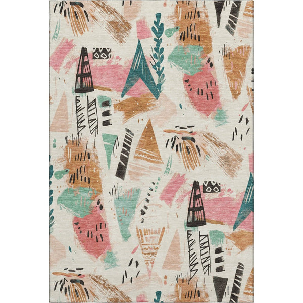 HomeRoots 9' X 12' Washable Ivory Black Blush Geometric Area Rug with UV Protection for Stylish Homes 694513