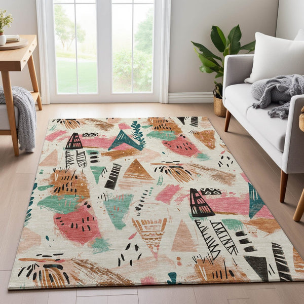 HomeRoots 9' X 12' Washable Ivory Black Blush Geometric Area Rug with UV Protection for Stylish Homes 694513
