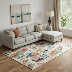 HomeRoots 10' X 14' Stylish Ivory, Black & Blush Geometric Washable Area Rug with UV Protection for Durability 694514