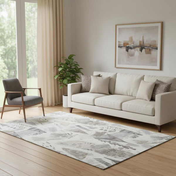 HomeRoots 5' X 8' Linen Ivory & Gray Geometric Washable Area Rug - Durable, UV-Protected, Stylish & Easy-Care 694516