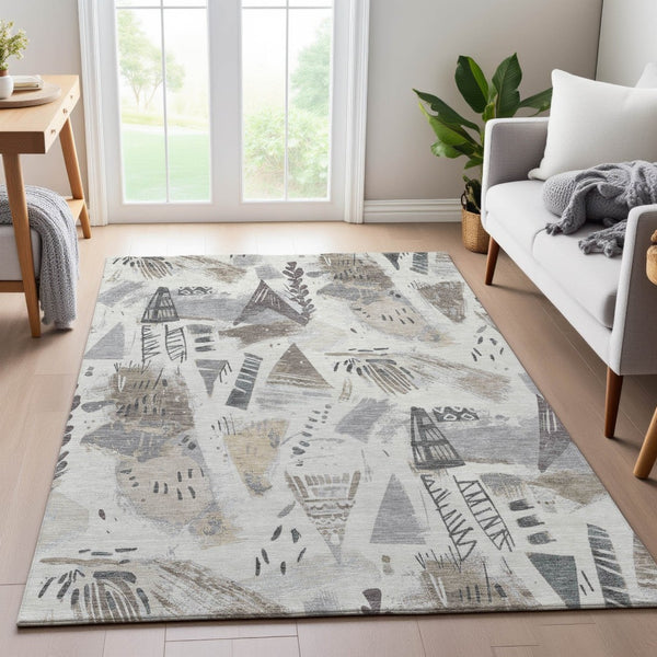 HomeRoots 5' X 8' Linen Ivory & Gray Geometric Washable Area Rug - Durable, UV-Protected, Stylish & Easy-Care 694516