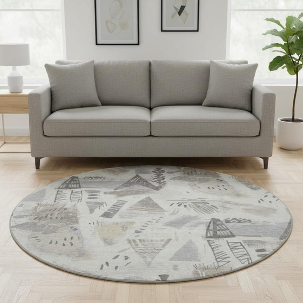 HomeRoots 8' X 8' Washable Round Rug in Linen Ivory & Gray - Durable, UV-Protected, Stylish for Any Space 694517