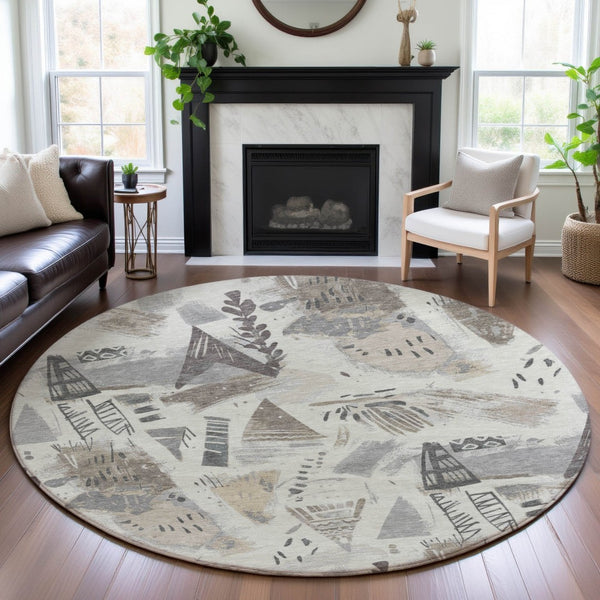 HomeRoots 8' X 8' Washable Round Rug in Linen Ivory & Gray - Durable, UV-Protected, Stylish for Any Space 694517