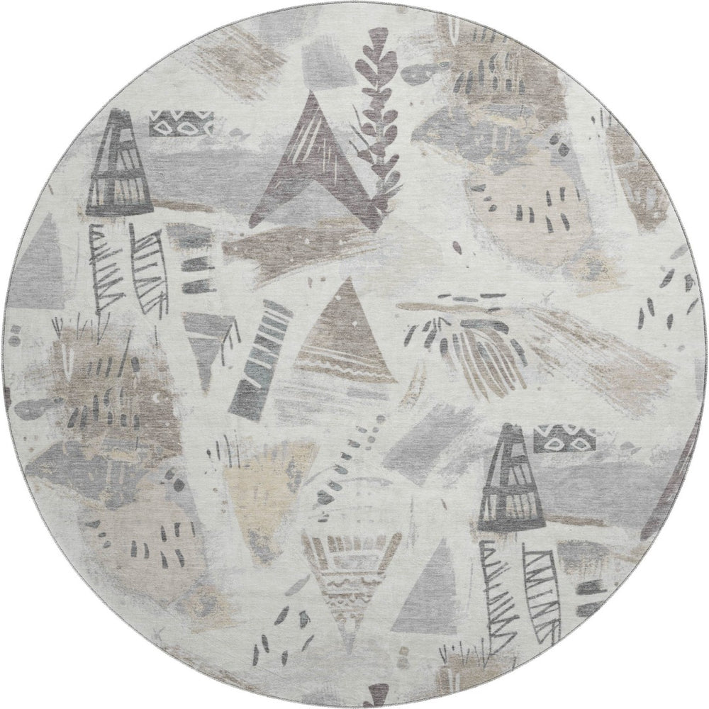 HomeRoots 8' X 8' Washable Round Rug in Linen Ivory & Gray - Durable, UV-Protected, Stylish for Any Space 694517