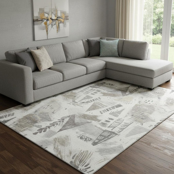 HomeRoots 8' Stylish Geometric Washable Area Rug in Linen Ivory & Gray - Stain Resistant & UV Protected Decor 694518