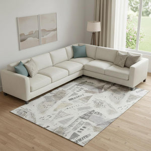 HomeRoots 9' X 12' Linen Ivory & Gray Geometric Area Rug - Washable, UV Protected, Durable for High-Traffic Homes 694519