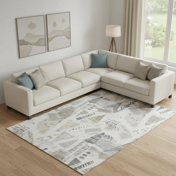 HomeRoots 10' X 14' Linen Ivory and Gray Geometric Washable Area Rug - Durable, UV-Protected & Stylishly Modern 694520
