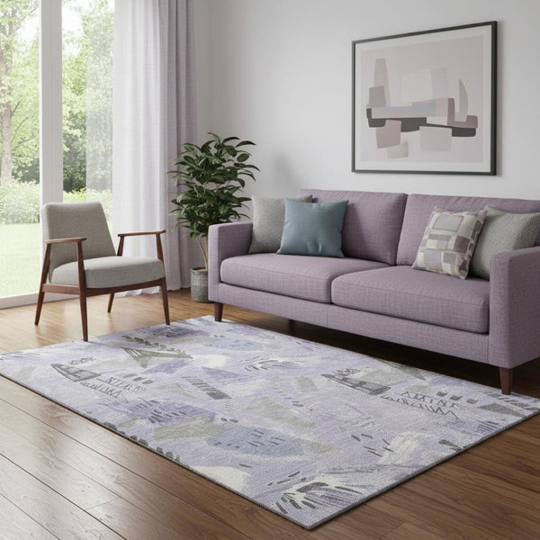 HomeRoots 5' X 8' Contemporary Lavender Ivory Gray Geometric Area Rug - Washable, Stain Resistant & UV Protected 694522