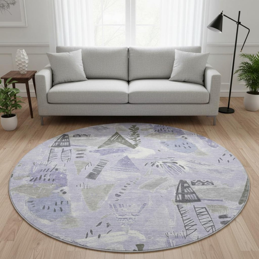 HomeRoots 8' X 8' Round Geometric Washable Rug in Lavender, Ivory & Gray - UV Protected for Indoor & Outdoor Use 694523