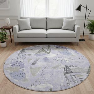 HomeRoots 8' X 8' Round Geometric Washable Rug in Lavender, Ivory & Gray - UV Protected for Indoor & Outdoor Use 694523