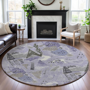 HomeRoots 8' X 8' Round Geometric Washable Rug in Lavender, Ivory & Gray - UV Protected for Indoor & Outdoor Use 694523