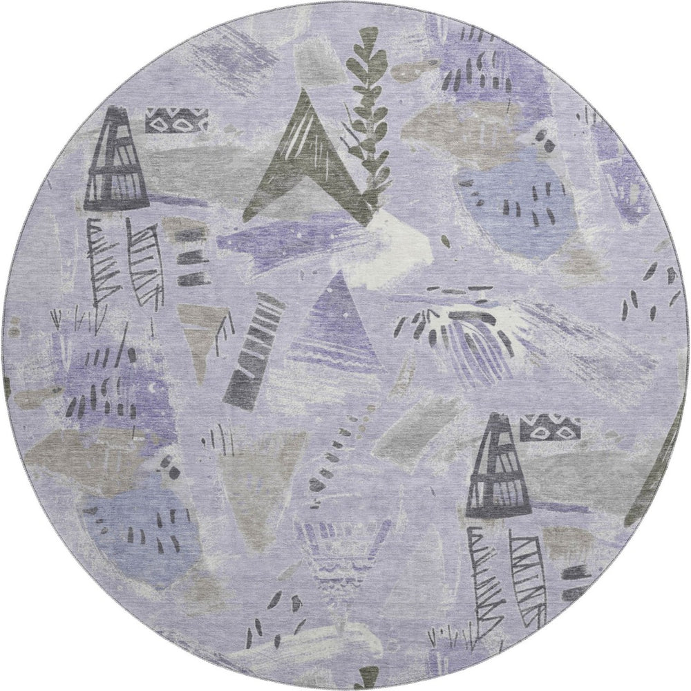 HomeRoots 8' X 8' Round Geometric Washable Rug in Lavender, Ivory & Gray - UV Protected for Indoor & Outdoor Use 694523