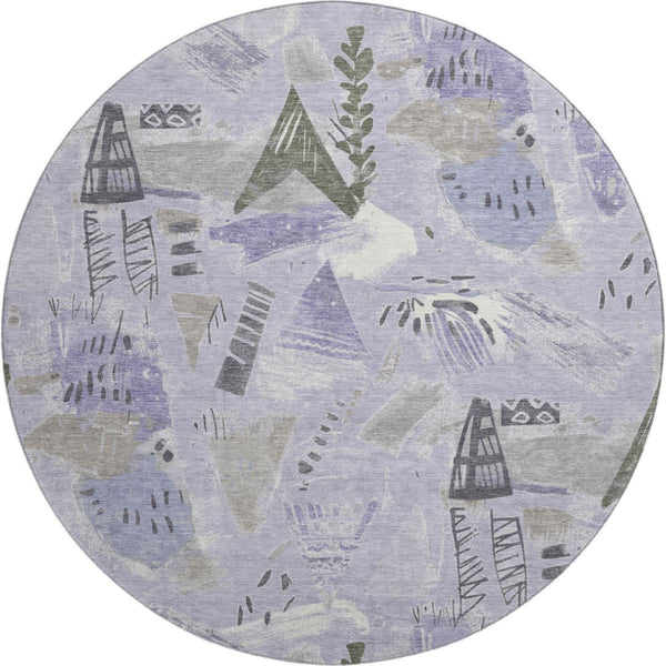 HomeRoots 8' X 8' Round Geometric Washable Rug in Lavender, Ivory & Gray - UV Protected for Indoor & Outdoor Use 694523